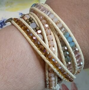 Liv Thai Beaded Wrap Bracelet in Cream, Gold, copper, turquoise